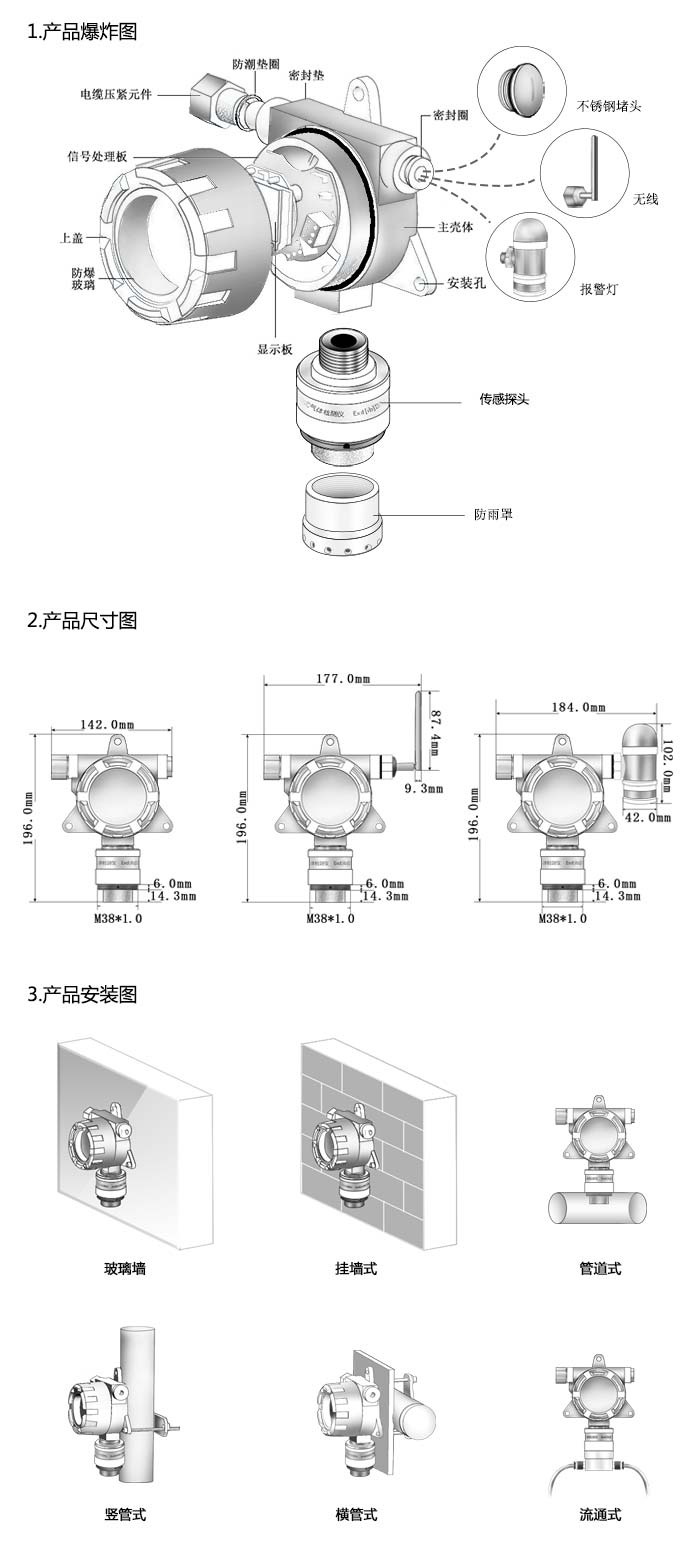 大眾固定安裝式1-硫代丁醇濃度檢測儀不帶顯示型網絡版尺寸與安裝圖